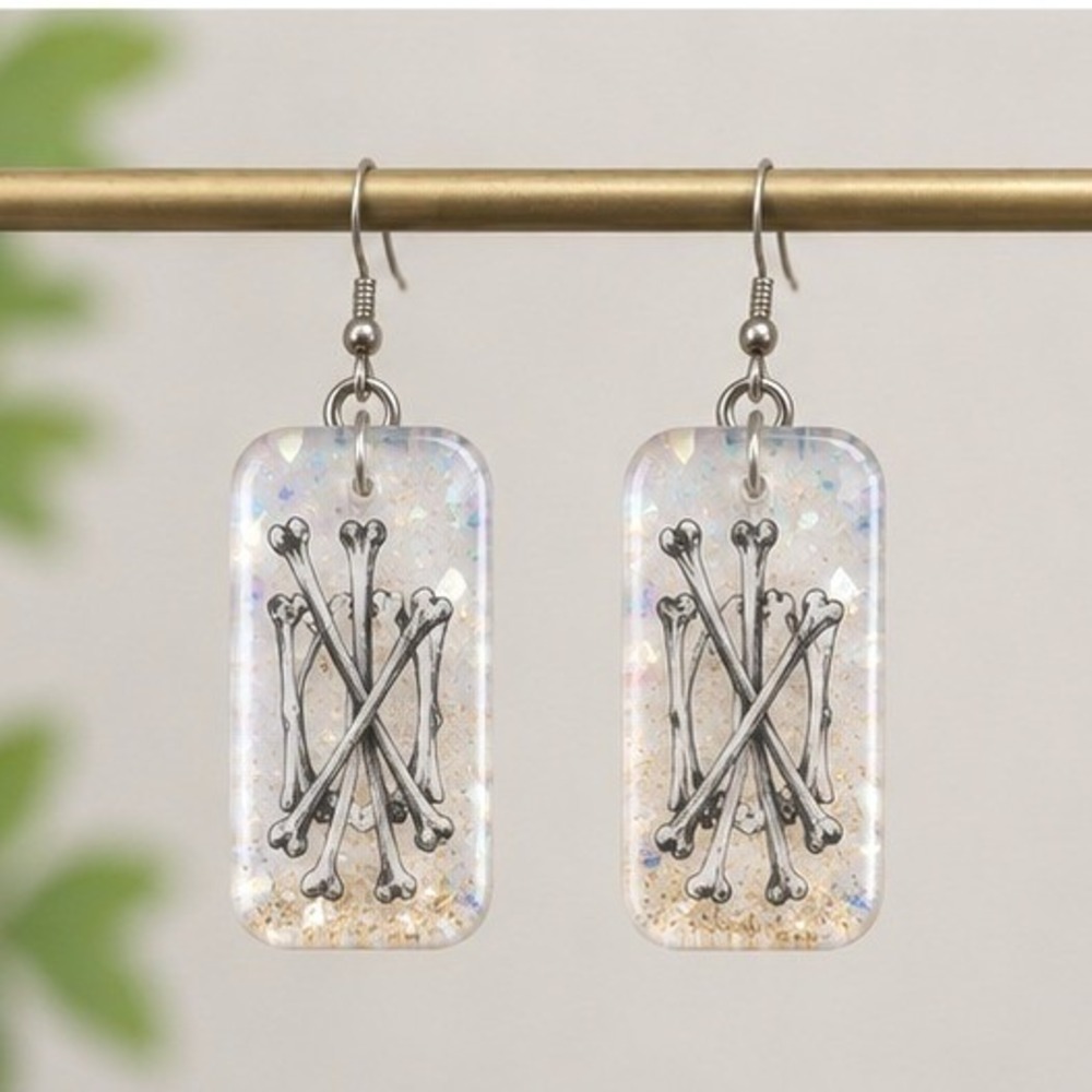 Handmade Resin Bone Drop Earrings White Glitter Goth Oddities